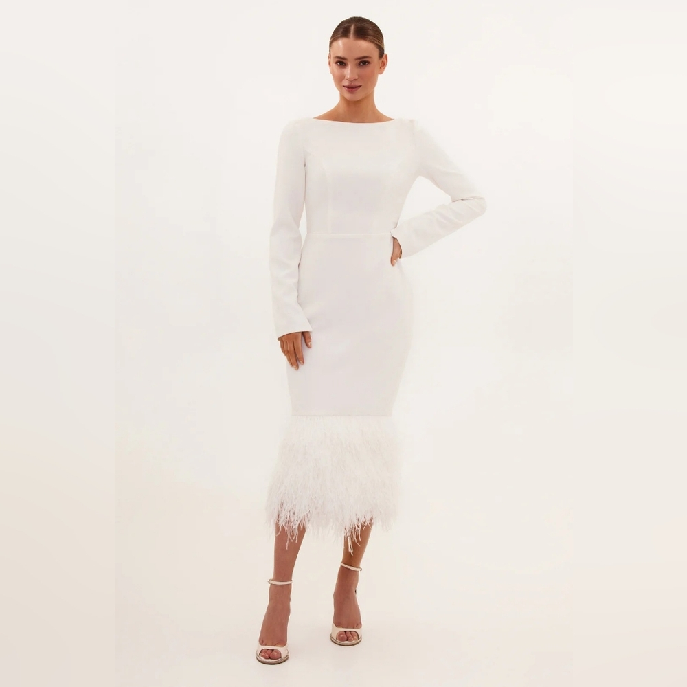 Milla Glamorous Feather-trimmed white dresss
